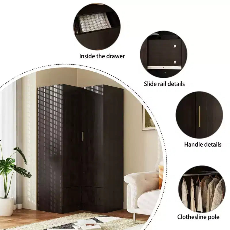 Famapy Armoire d'angle moderne avec deux tringles de suspension et tiroirs, construction robuste, solution de rangement peu encombrante pour chambre à coucher et au-delà