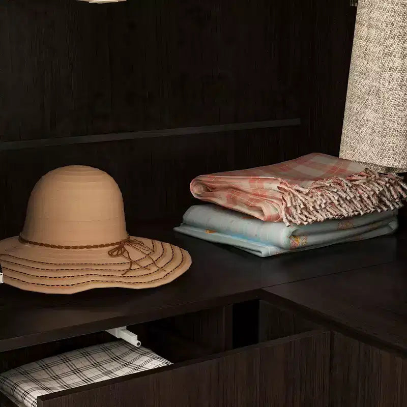 Famapy Armoire d'angle moderne avec deux tringles de suspension et tiroirs, construction robuste, solution de rangement peu encombrante pour chambre à coucher et au-delà