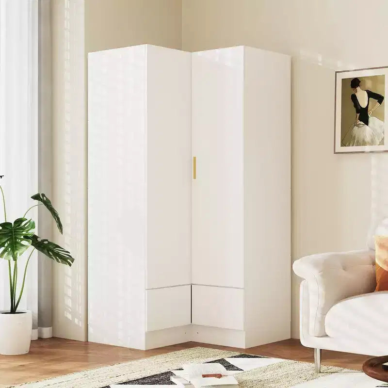 Famapy Armoire d'angle moderne avec deux tringles de suspension et tiroirs, construction robuste, solution de rangement peu encombrante pour chambre à coucher et au-delà