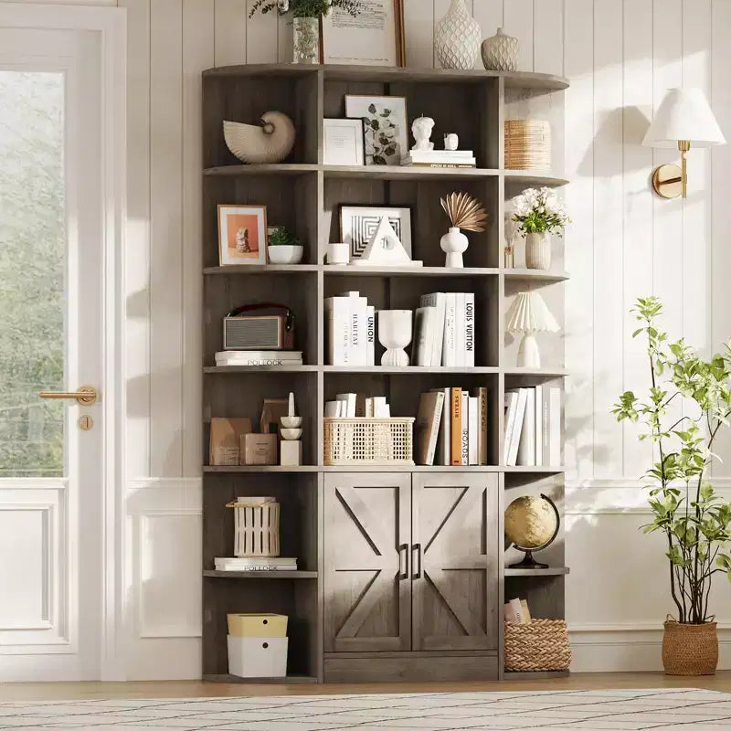 Bibliothèque haute de 75", 6 niveaux avec placard, étagère en bois ouverte avec étagères réglables, étagère de rangement verticale pour bureau, salon