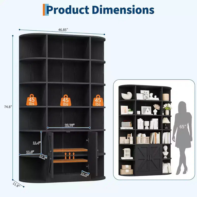 Bibliothèque haute de 75", 6 niveaux avec placard, étagère en bois ouverte avec étagères réglables, étagère de rangement verticale pour bureau, salon