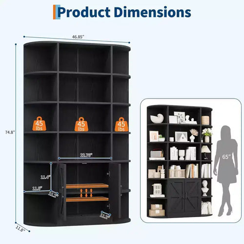 Bibliothèque haute de 75", 6 niveaux avec placard, étagère en bois ouverte avec étagères réglables, étagère de rangement verticale pour bureau, salon