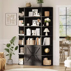 Bibliothèque haute de 75", 6 niveaux avec placard, étagère en bois ouverte avec étagères réglables, étagère de rangement verticale pour bureau, salon
