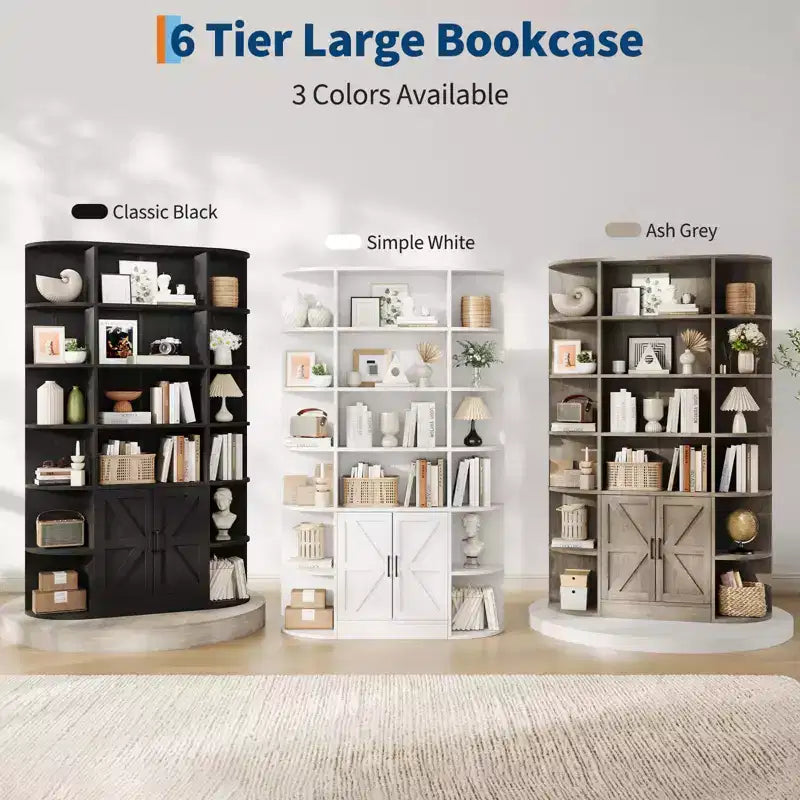 Bibliothèque haute de 75", 6 niveaux avec placard, étagère en bois ouverte avec étagères réglables, étagère de rangement verticale pour bureau, salon