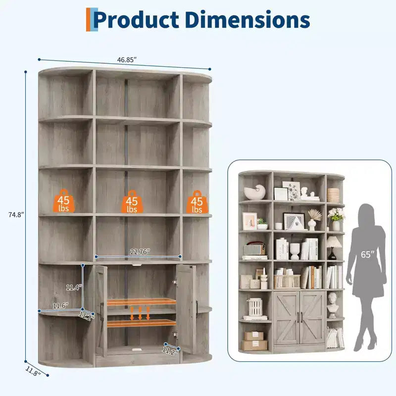 Bibliothèque haute de 75", 6 niveaux avec placard, étagère en bois ouverte avec étagères réglables, étagère de rangement verticale pour bureau, salon