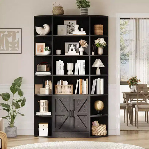 75 Tall Bookcase with Cabinet, 6 Tier Wooden Open Bookcase with Adjustable Shelf, Standing Display Storage Shelf for Home Office Living Room