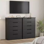 Commode cinq tiroirs avec poignées intégrées, meuble de rangement moderne en bois, compact et peu encombrant, adapté aux salons.