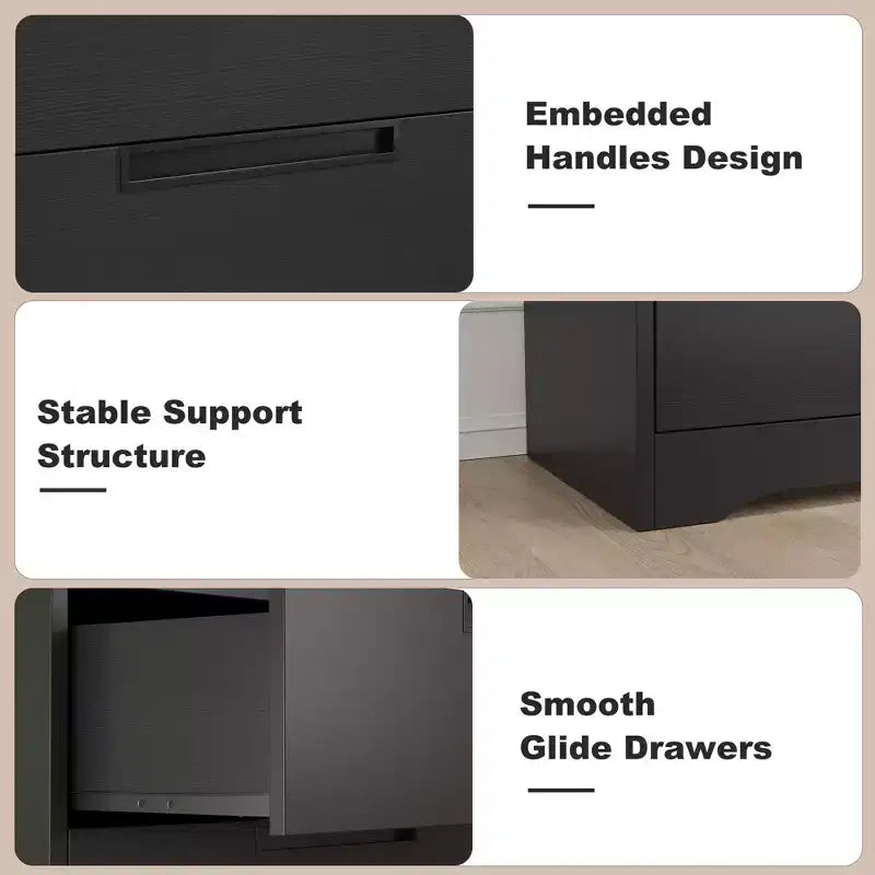 Commode cinq tiroirs avec poignées intégrées, meuble de rangement moderne en bois, compact et peu encombrant, adapté aux salons.