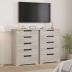 Commode cinq tiroirs avec poignées intégrées, meuble de rangement moderne en bois, compact et peu encombrant, adapté aux salons.