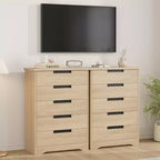 Commode cinq tiroirs avec poignées intégrées, meuble de rangement moderne en bois, compact et peu encombrant, adapté aux salons.