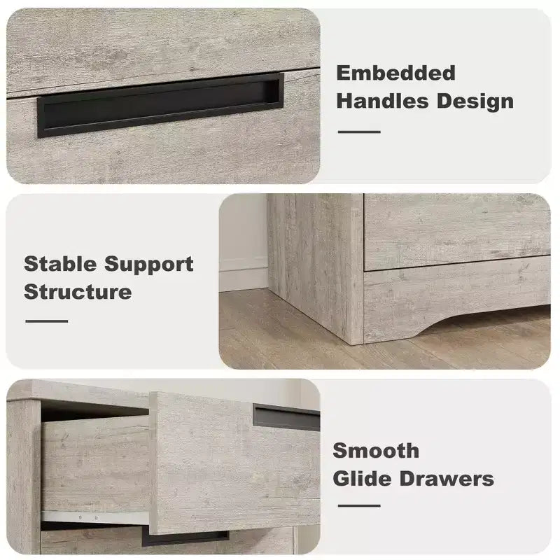 Commode cinq tiroirs avec poignées intégrées, meuble de rangement moderne en bois, compact et peu encombrant, adapté aux salons.