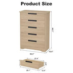 Commode cinq tiroirs avec poignées intégrées, meuble de rangement moderne en bois, compact et peu encombrant, adapté aux salons.