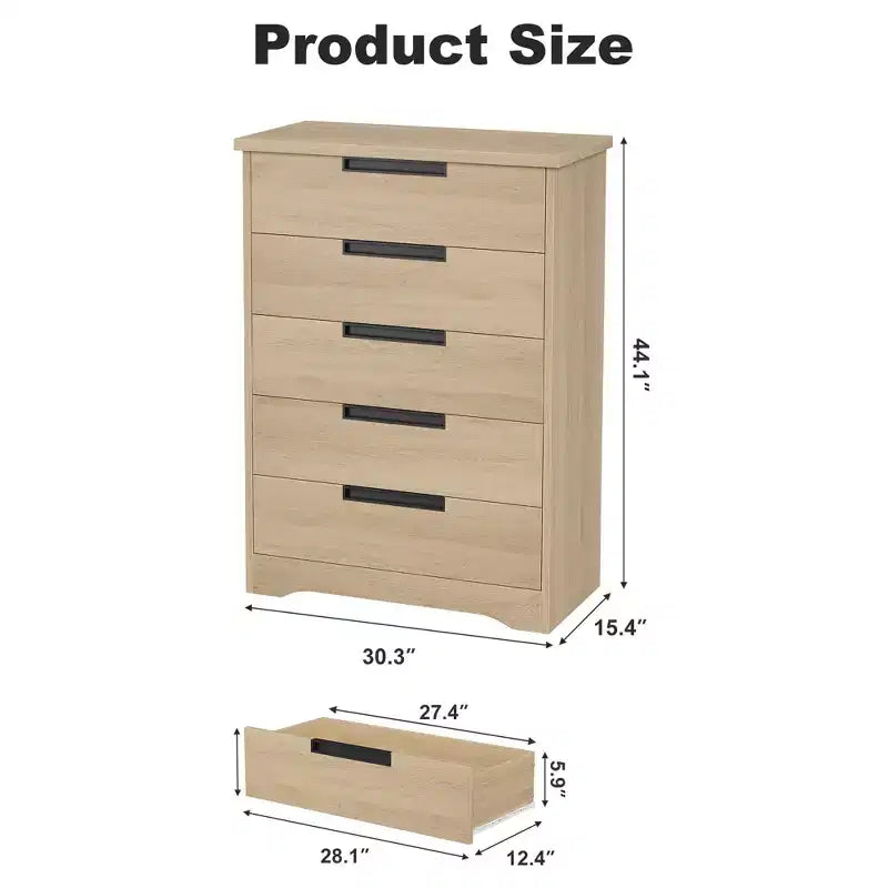 Commode cinq tiroirs avec poignées intégrées, meuble de rangement moderne en bois, compact et peu encombrant, adapté aux salons.