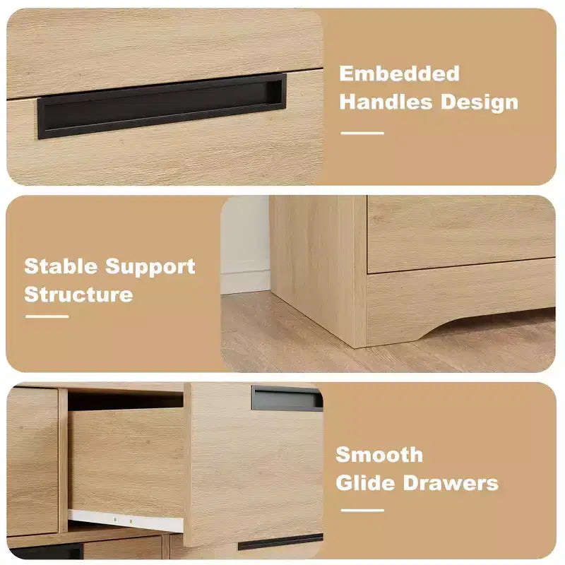 Commode cinq tiroirs avec poignées intégrées, meuble de rangement moderne en bois, compact et peu encombrant, adapté aux salons.