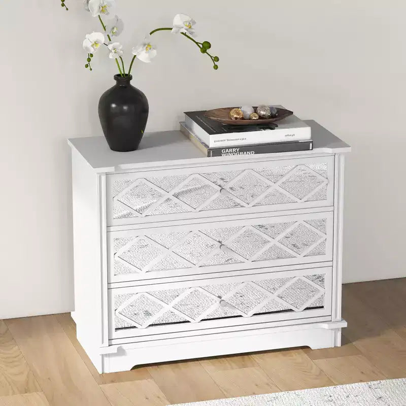 Commode 3 tiroirs en acrylique blanc et miroir à motif losanges