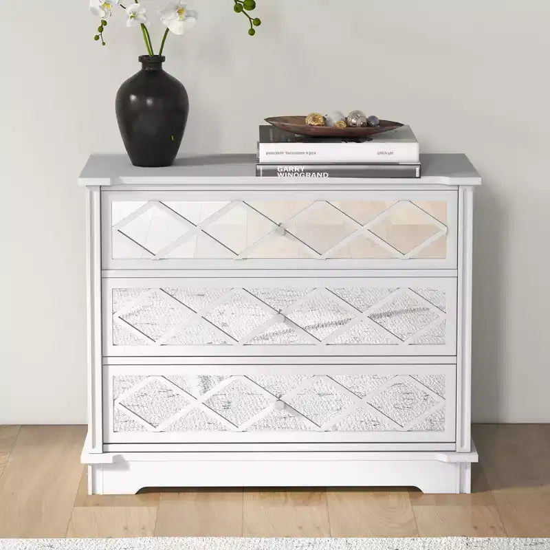 Commode 3 tiroirs en acrylique blanc et miroir à motif losanges