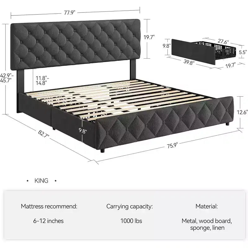 Lit plateforme avec tête de lit élégante et stylée, 4 tiroirs de rangement, sommier tapissier non requis, montage facile, support robuste
