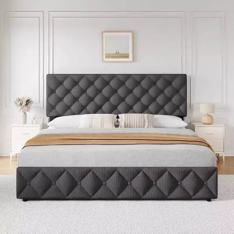 Lit plateforme avec tête de lit élégante et stylée, 4 tiroirs de rangement, sommier tapissier non requis, montage facile, support robuste