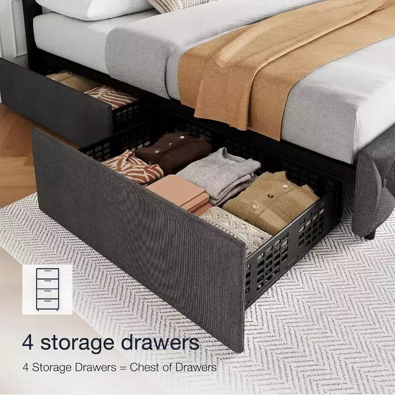 Lit plateforme avec tête de lit élégante et stylée, 4 tiroirs de rangement, sommier tapissier non requis, montage facile, support robuste