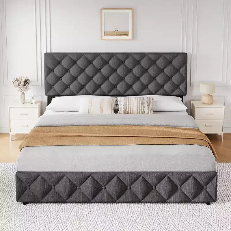 Lit plateforme avec tête de lit élégante et stylée, 4 tiroirs de rangement, sommier tapissier non requis, montage facile, support robuste