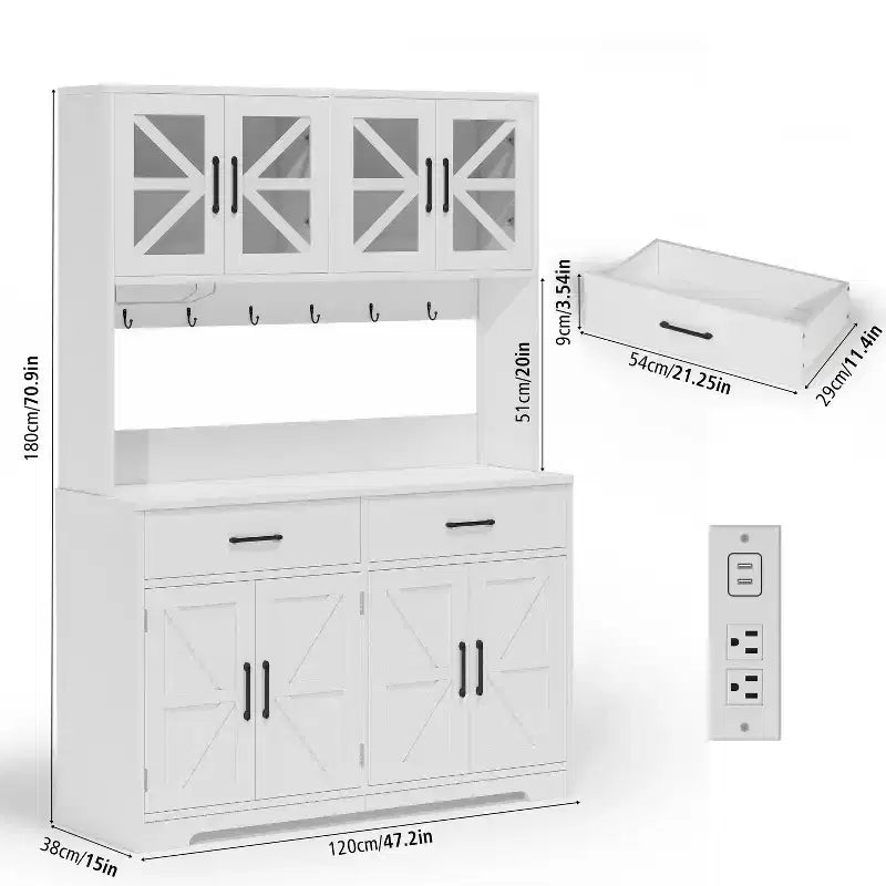 Armoire de rangement Dyonery blanche minimaliste, avec portes vitrées, comprenant 8 zones de rangement spacieuses et 2 tiroirs.