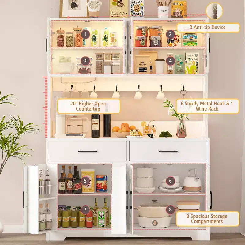 Armoire de rangement Dyonery blanche minimaliste, avec portes vitrées, comprenant 8 zones de rangement spacieuses et 2 tiroirs.