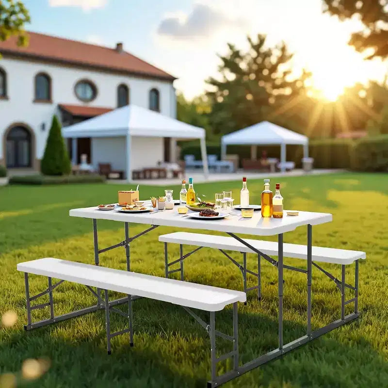 VINGLI Table de pique-nique et bancs pliants, ensemble de meubles de salle à manger portables d'extérieur pour le camping, le patio, le jardin, avec cadre en métal (blanc)