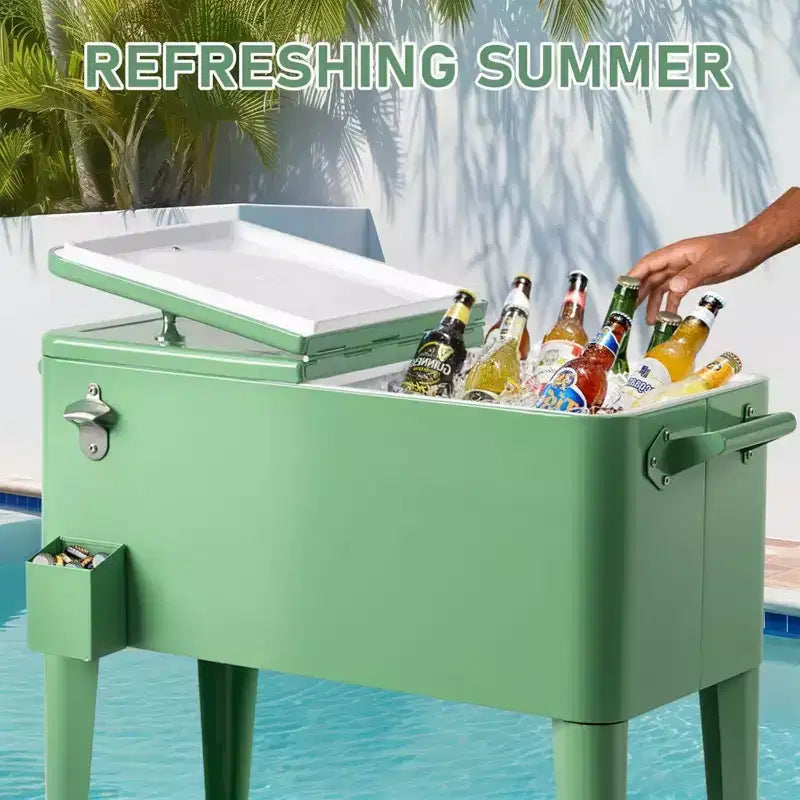NAYSAYE Glacière Roulante de 76 Litres avec Bac de Récupération, Tablette de Rangement Inférieure pour Fêtes en Patio, Barbecue, Plage, Vert, 34.3*15.2*35.8