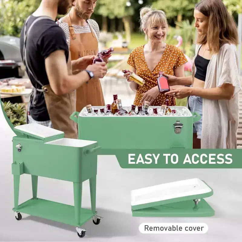 NAYSAYE Glacière Roulante de 76 Litres avec Bac de Récupération, Tablette de Rangement Inférieure pour Fêtes en Patio, Barbecue, Plage, Vert, 34.3*15.2*35.8