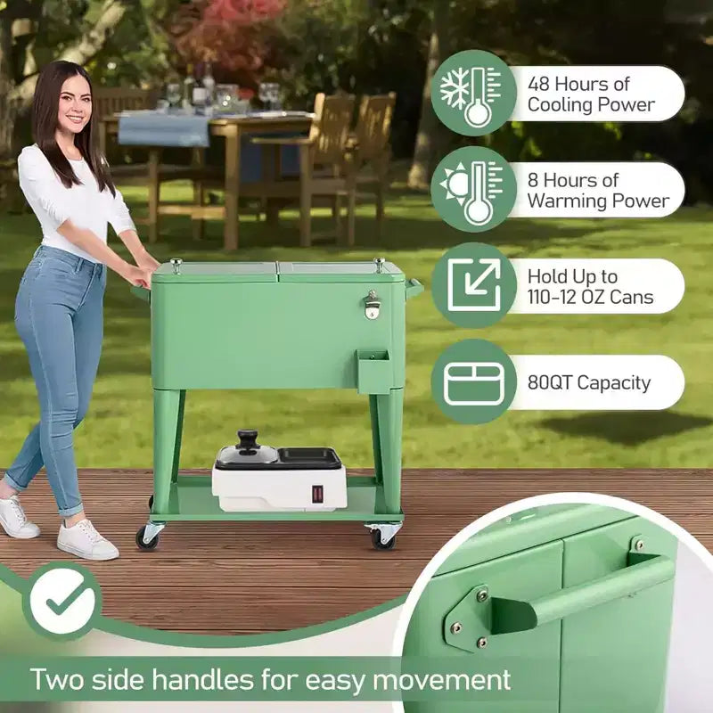 NAYSAYE Glacière Roulante de 76 Litres avec Bac de Récupération, Tablette de Rangement Inférieure pour Fêtes en Patio, Barbecue, Plage, Vert, 34.3*15.2*35.8