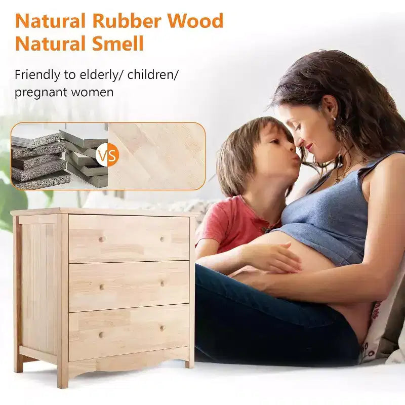 VINGLI Commode inachevée en bois massif naturel à 3 tiroirs pour chambre à coucher, commode et armoires de style ferme en bois d'hévéa