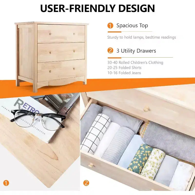 VINGLI Commode inachevée en bois massif naturel à 3 tiroirs pour chambre à coucher, commode et armoires de style ferme en bois d'hévéa