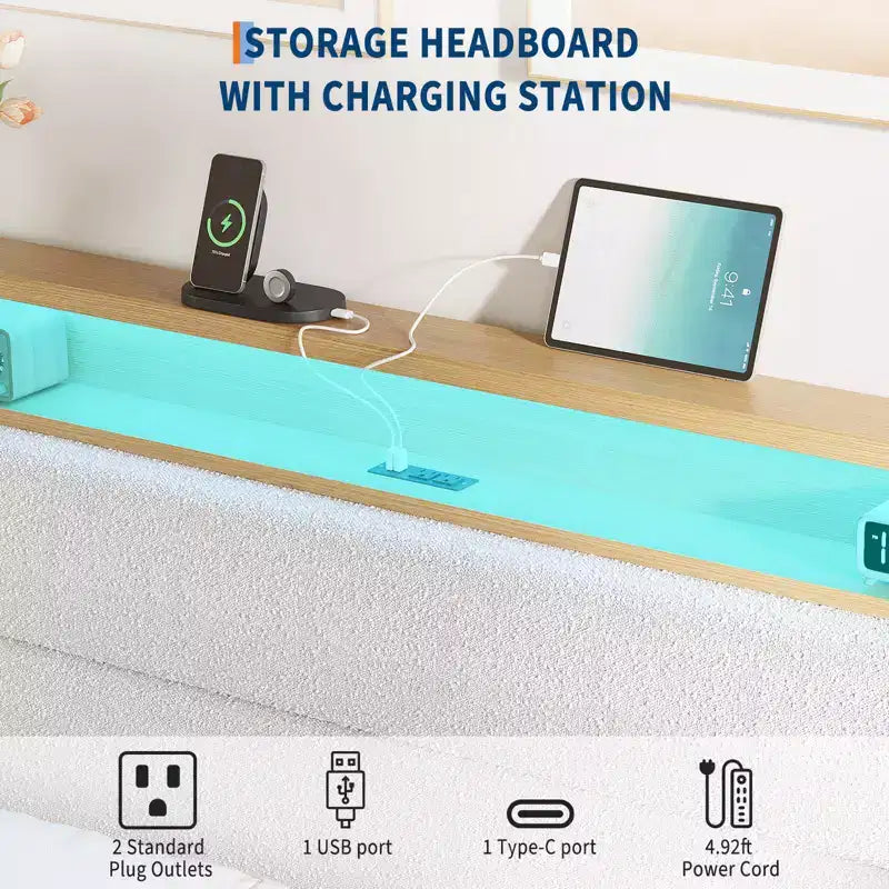 Cadre de lit, cadre de lit circulaire en tissu avec lumières LED, tête de lit rembourrée avec station de recharge intégrée, matelas à ressorts non requis