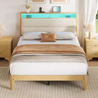 Bed frame, circular fabric platform bed frame with LED lights, upholstered headboard with built-in charging station, no spring mattress required