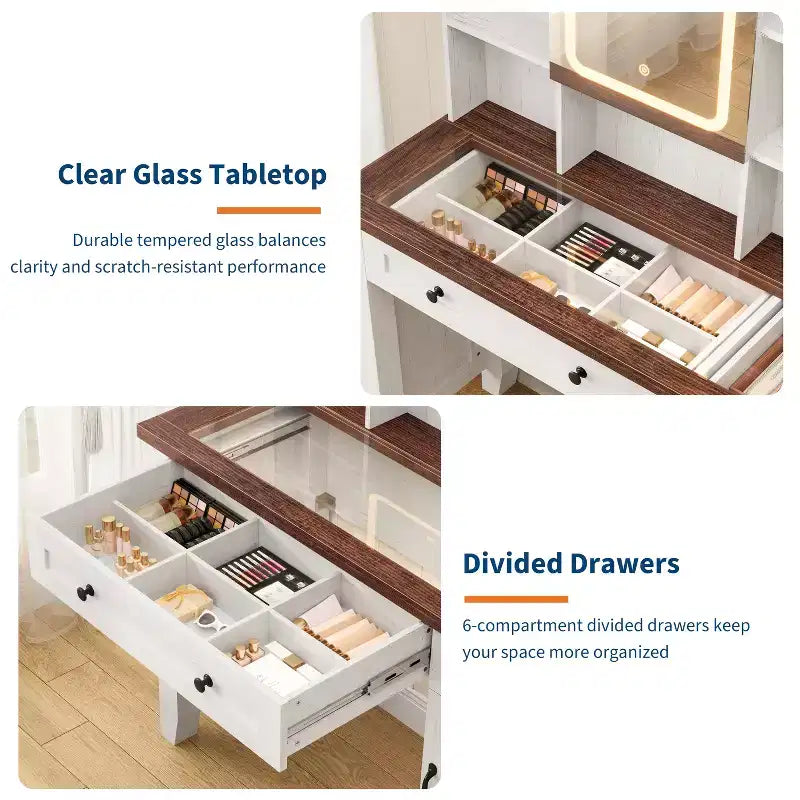 Coiffeuse de maquillage, Coiffeuse avec miroir et lumières et prise de courant, Table de maquillage avec 2 tiroirs, Tabouret rembourré, Coiffeuse avec plateau en verre
