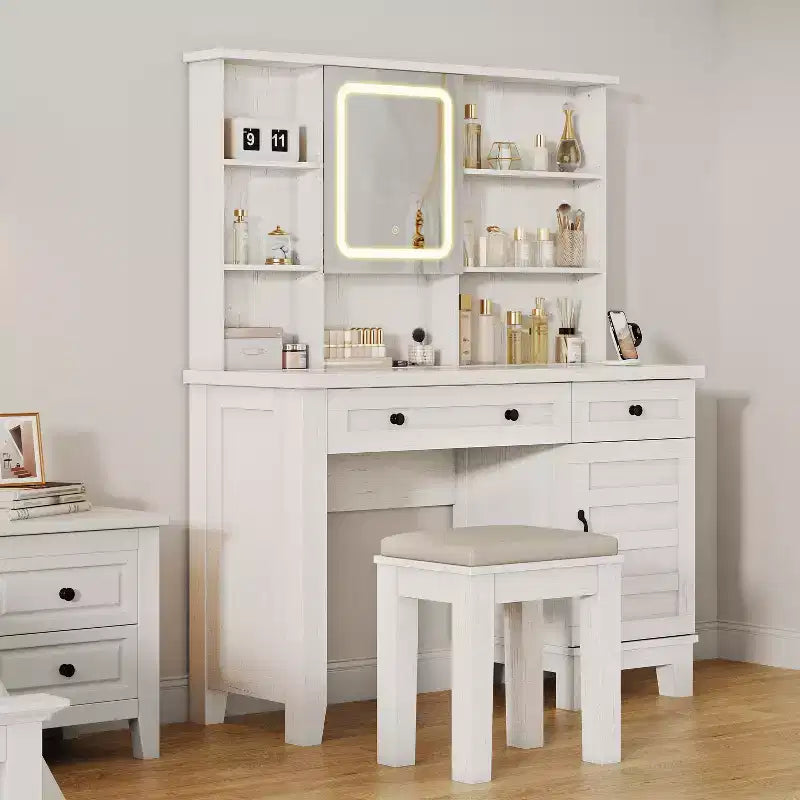 Coiffeuse de maquillage, Coiffeuse avec miroir et lumières et prise de courant, Table de maquillage avec 2 tiroirs, Tabouret rembourré, Coiffeuse avec plateau en verre