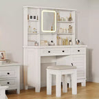 Coiffeuse de maquillage, Coiffeuse avec miroir et lumières et prise de courant, Table de maquillage avec 2 tiroirs, Tabouret rembourré, Coiffeuse avec plateau en verre