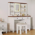Coiffeuse de maquillage, Coiffeuse avec miroir et lumières et prise de courant, Table de maquillage avec 2 tiroirs, Tabouret rembourré, Coiffeuse avec plateau en verre
