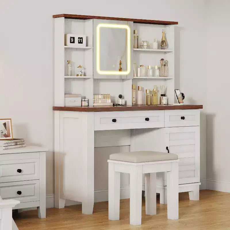 Coiffeuse de maquillage, Coiffeuse avec miroir et lumières et prise de courant, Table de maquillage avec 2 tiroirs, Tabouret rembourré, Coiffeuse avec plateau en verre