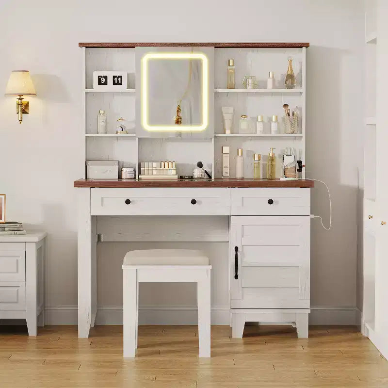Coiffeuse de maquillage, Coiffeuse avec miroir et lumières et prise de courant, Table de maquillage avec 2 tiroirs, Tabouret rembourré, Coiffeuse avec plateau en verre