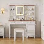 Coiffeuse de maquillage, Coiffeuse avec miroir et lumières et prise de courant, Table de maquillage avec 2 tiroirs, Tabouret rembourré, Coiffeuse avec plateau en verre