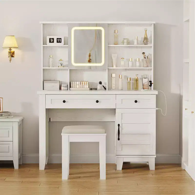 Coiffeuse de maquillage, Coiffeuse avec miroir et lumières et prise de courant, Table de maquillage avec 2 tiroirs, Tabouret rembourré, Coiffeuse avec plateau en verre