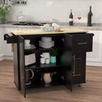 Îlot de Cuisine Okak avec Plateau Extensible en Bois Massif, Chariot de Cuisine Roulant avec 2 Portes et 3 Tiroirs, Organisateur de Comptoir pour la Maison, Noir