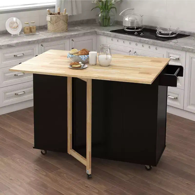 Îlot de Cuisine Okak avec Plateau Extensible en Bois Massif, Chariot de Cuisine Roulant avec 2 Portes et 3 Tiroirs, Organisateur de Comptoir pour la Maison, Noir