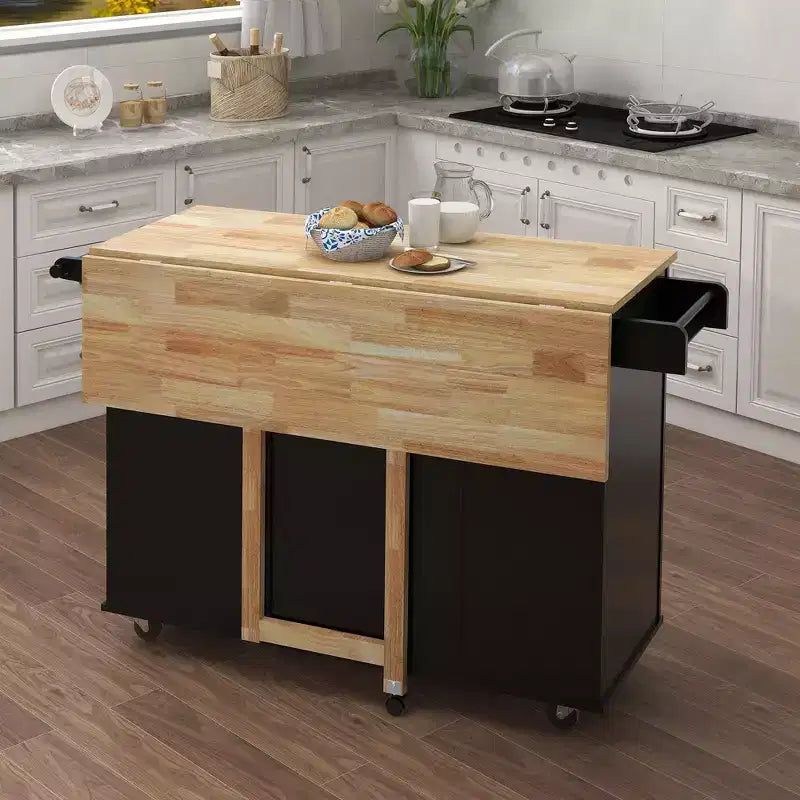 Îlot de Cuisine Okak avec Plateau Extensible en Bois Massif, Chariot de Cuisine Roulant avec 2 Portes et 3 Tiroirs, Organisateur de Comptoir pour la Maison, Noir