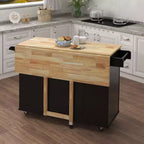 Îlot de Cuisine Okak avec Plateau Extensible en Bois Massif, Chariot de Cuisine Roulant avec 2 Portes et 3 Tiroirs, Organisateur de Comptoir pour la Maison, Noir