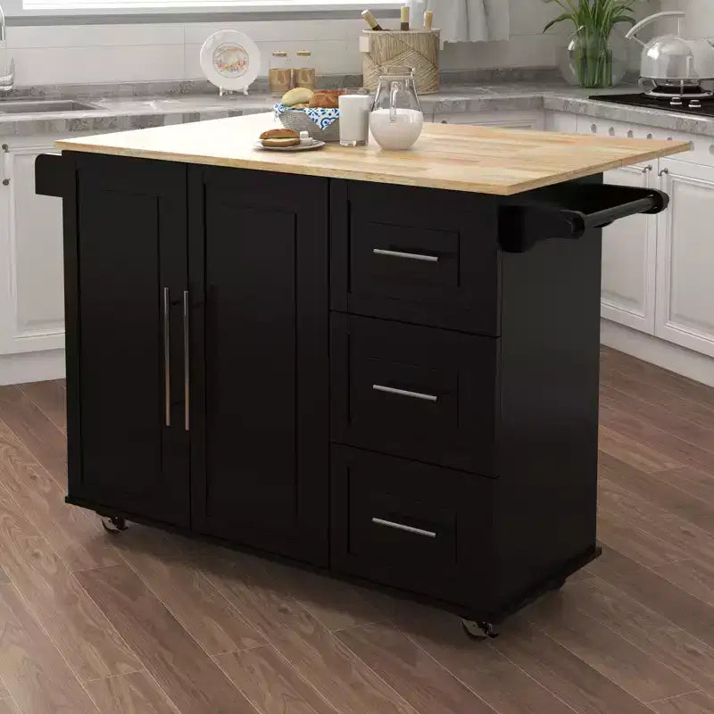 Îlot de Cuisine Okak avec Plateau Extensible en Bois Massif, Chariot de Cuisine Roulant avec 2 Portes et 3 Tiroirs, Organisateur de Comptoir pour la Maison, Noir