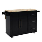 Îlot de Cuisine Okak avec Plateau Extensible en Bois Massif, Chariot de Cuisine Roulant avec 2 Portes et 3 Tiroirs, Organisateur de Comptoir pour la Maison, Noir