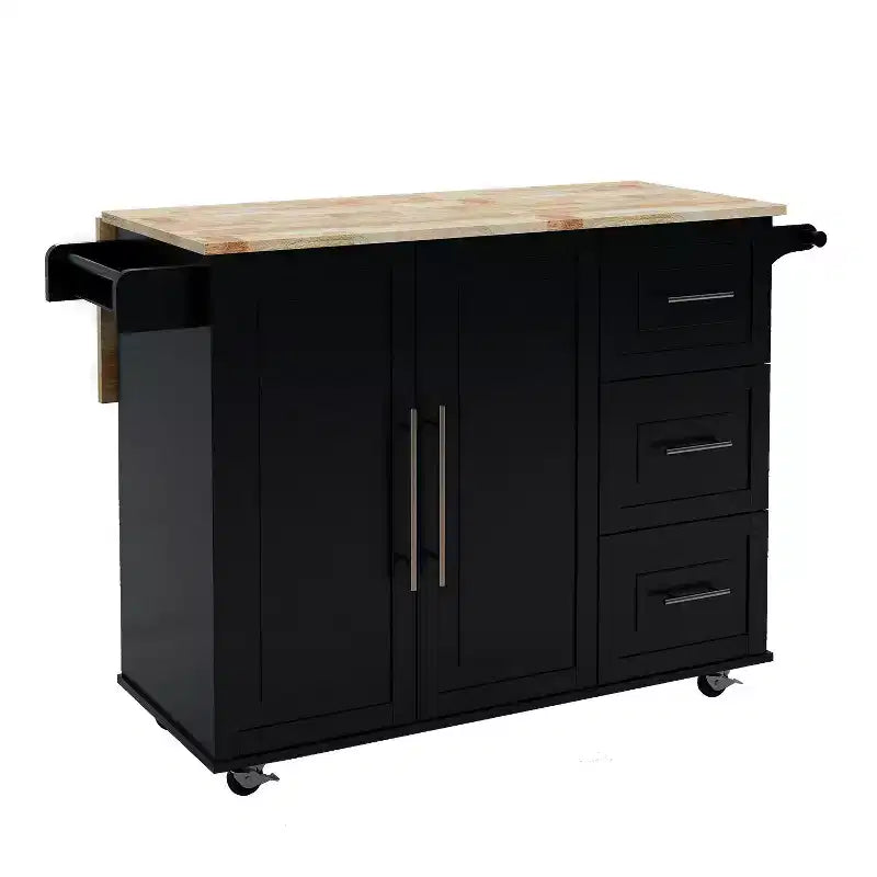 Îlot de Cuisine Okak avec Plateau Extensible en Bois Massif, Chariot de Cuisine Roulant avec 2 Portes et 3 Tiroirs, Organisateur de Comptoir pour la Maison, Noir