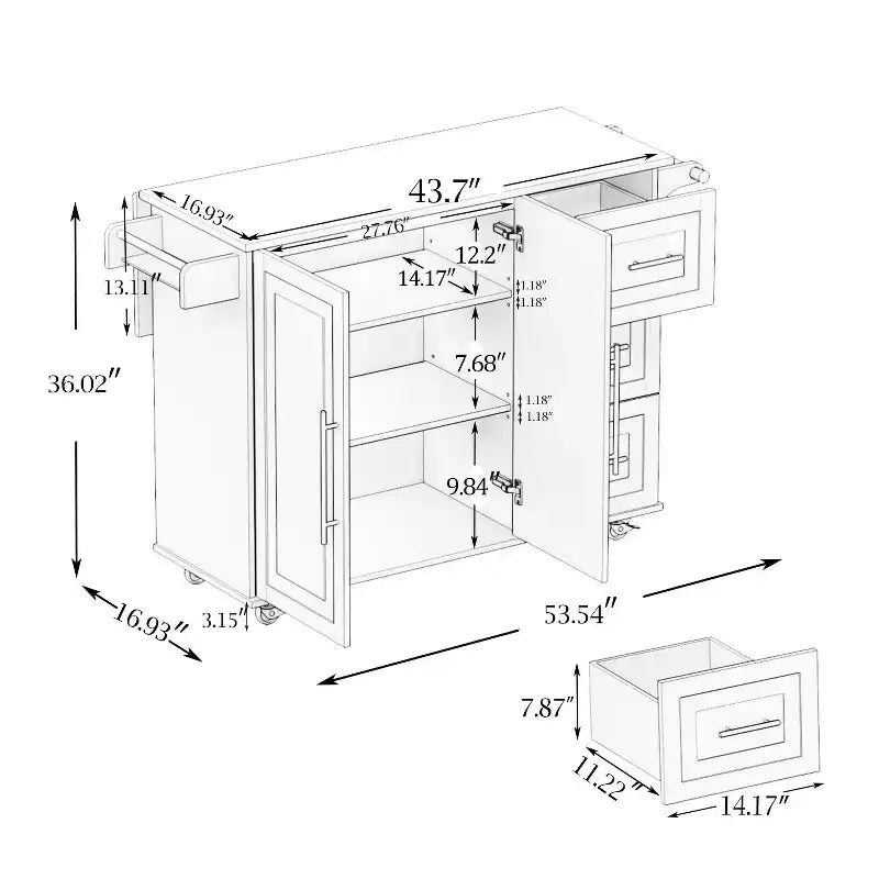 Îlot de Cuisine Okak avec Plateau Extensible en Bois Massif, Chariot de Cuisine Roulant avec 2 Portes et 3 Tiroirs, Organisateur de Comptoir pour la Maison, Noir